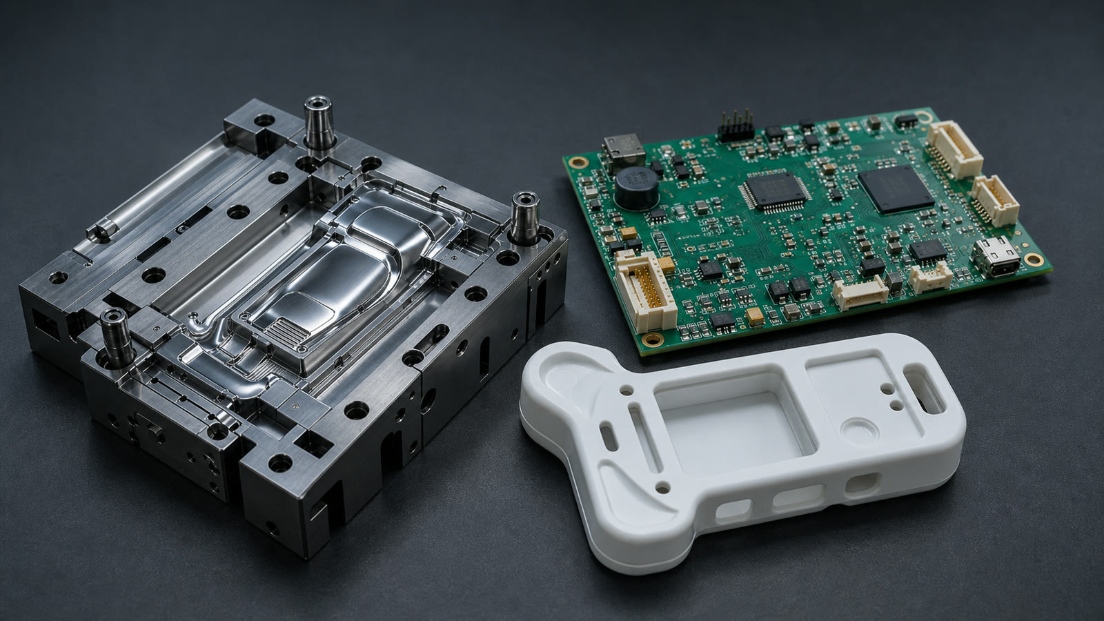 Illustrative composition of precision tooling, PCBA, and a molded device housing